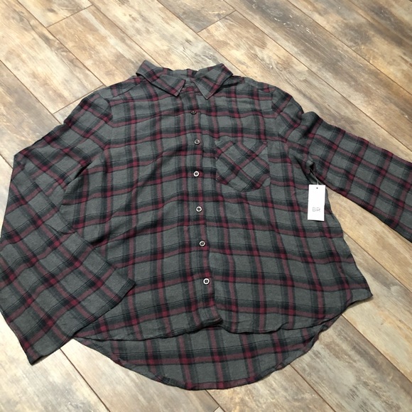 bp Tops - BP Flare Plaid Soft Button Down Gray Maroon NWT
